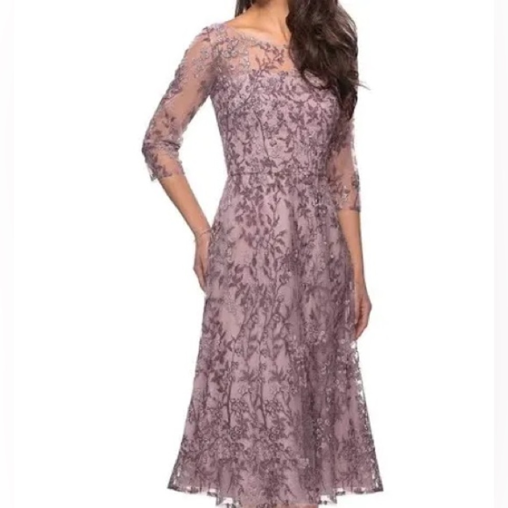 La Femme 
Tea Length Embroidered Dress with Sheer Sleeves $398 - Picture 5 of 5